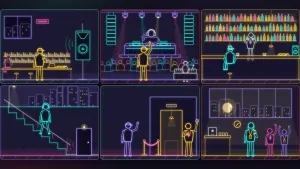 The people behind a night in line art: sound, lights, bar, stairs, door and the morning after