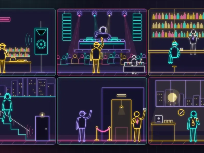 The people behind a night in line art: sound, lights, bar, stairs, door and the morning after