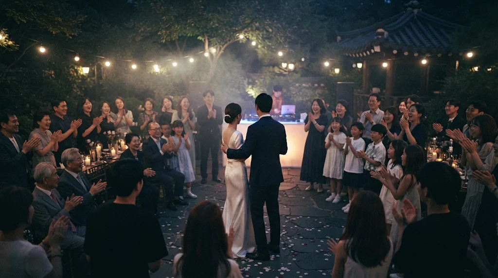 A bride and groom dancing in a circle of guests under warm string lights