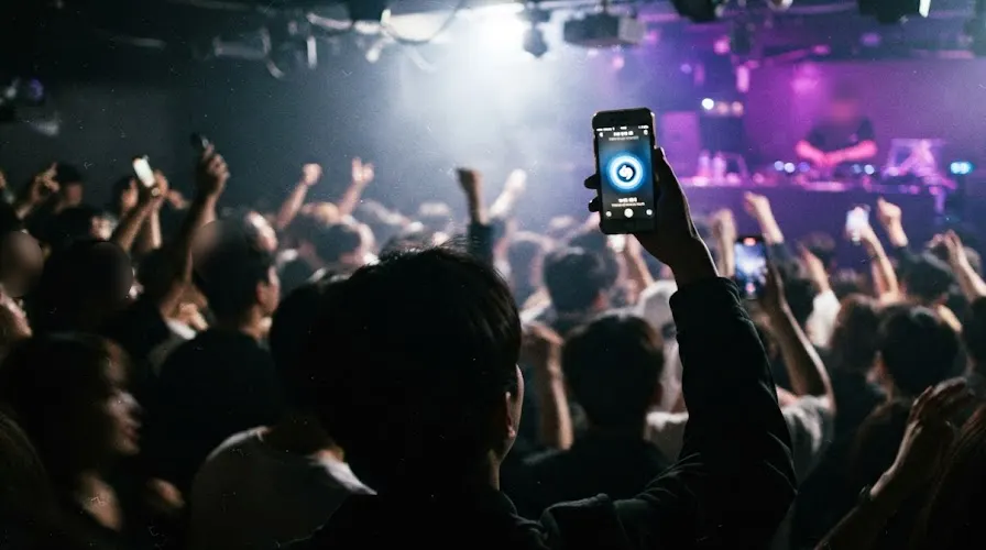 A clubber holding up a phone running a music recognition app on a Seoul dance floor