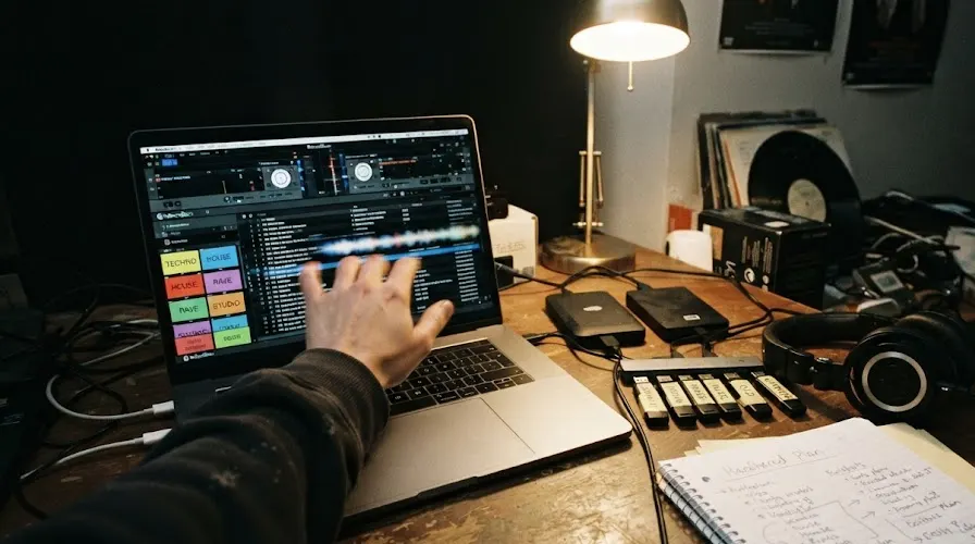 Sorting a DJ library into crates on a laptop, labelled USB sticks and hard drives beside it