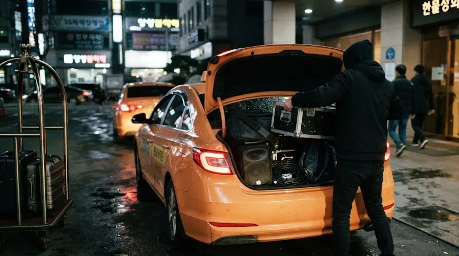 A DJ loading a flight case and speaker into the trunk of a Seoul taxi at night