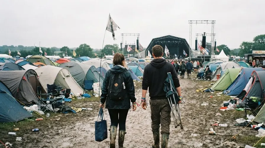 Two festival-goers in muddy boots walking through a campsite toward the main stage
