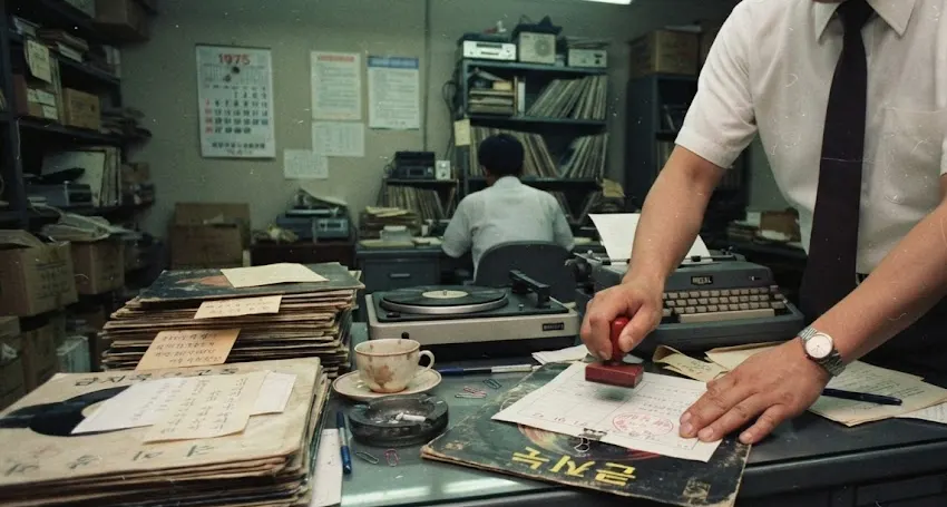 A censor stamping a form clipped to an LP sleeve in a 1970s Korean review office