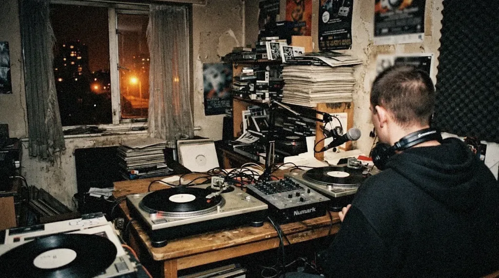 A cramped pirate radio studio in a London flat with two turntables and stacks of white labels
