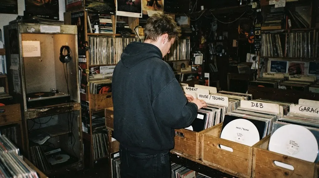 A record shop at night in 1999, shot on a disposable camera