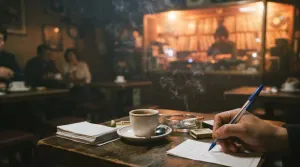 Writing a song request slip at a table in a 1970s Seoul music dabang