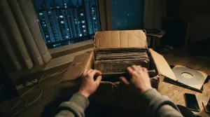 Hands flipping through a cardboard box of records on a Seoul apartment floor at night