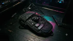 An open DJ backpack on a dark booth floor with headphones, USB sticks and earplugs