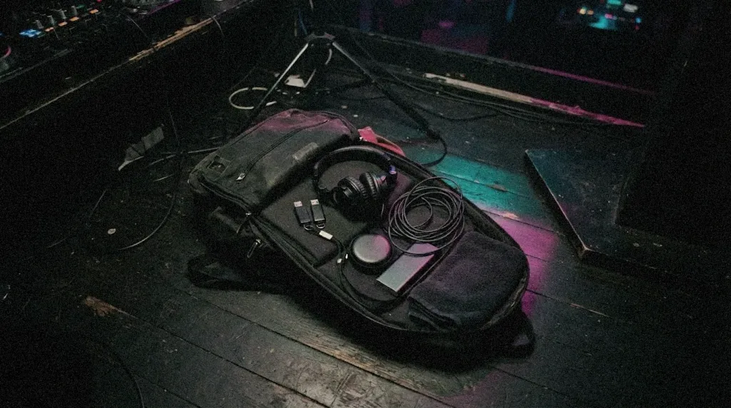 An open DJ backpack on a dark booth floor with headphones, USB sticks and earplugs