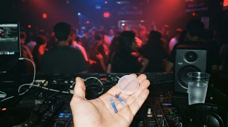 A DJ holding musician earplugs above the mixer in a loud club booth