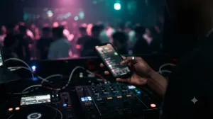 A DJ checks streaming numbers on a phone above the mixer in a dark booth