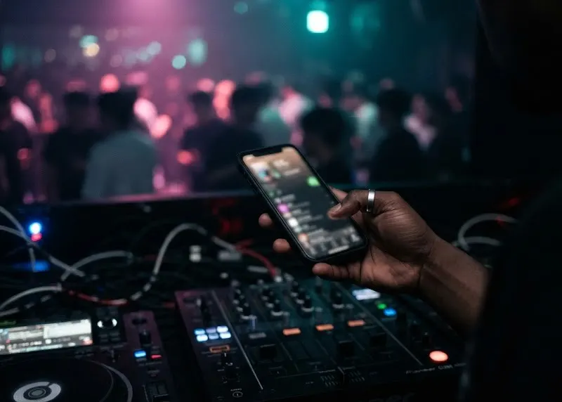 A DJ checks streaming numbers on a phone above the mixer in a dark booth