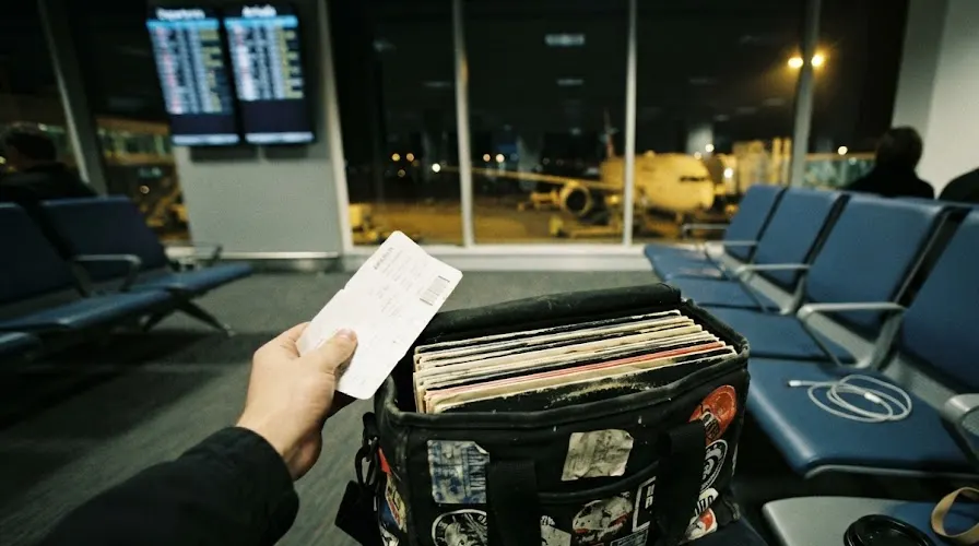 A record bag full of vinyl and a boarding pass at an airport gate at night