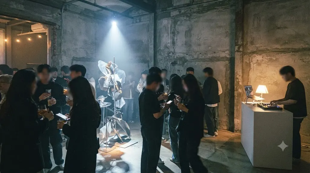 Guests at a brand pop up launch in a concrete industrial space in Seongsu with a DJ at a white booth