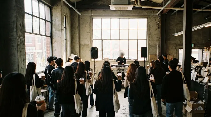 A daytime coffee rave in a Seongsu warehouse cafe, the crowd facing the DJ with iced coffees
