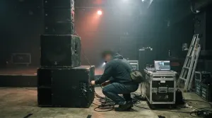 A sound engineer patching cables into a speaker stack in an empty Seoul basement club before doors
