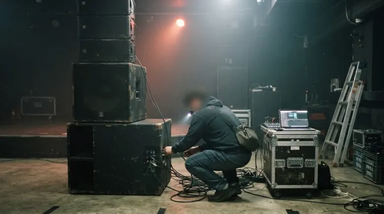 A sound engineer patching cables into a speaker stack in an empty Seoul basement club before doors