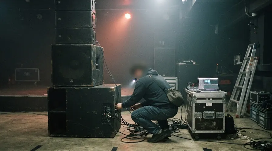 A sound engineer patching cables into a speaker stack in an empty Seoul basement club before doors