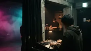 A sound engineer at the mixing desk while bar and door staff work behind him in a small Seoul club