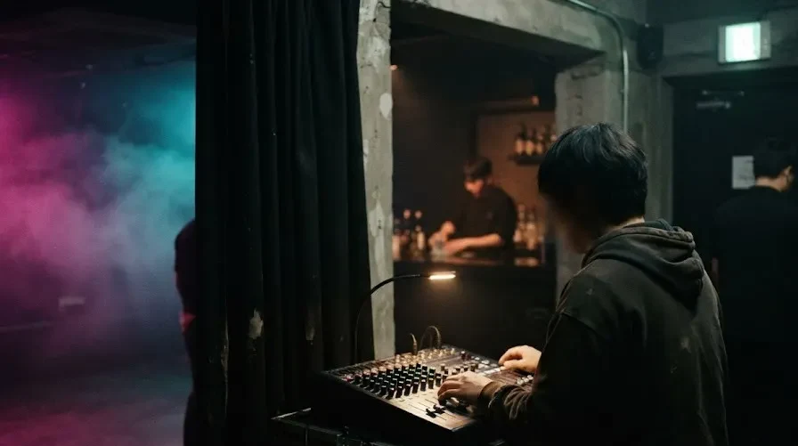 A sound engineer at the mixing desk while bar and door staff work behind him in a small Seoul club