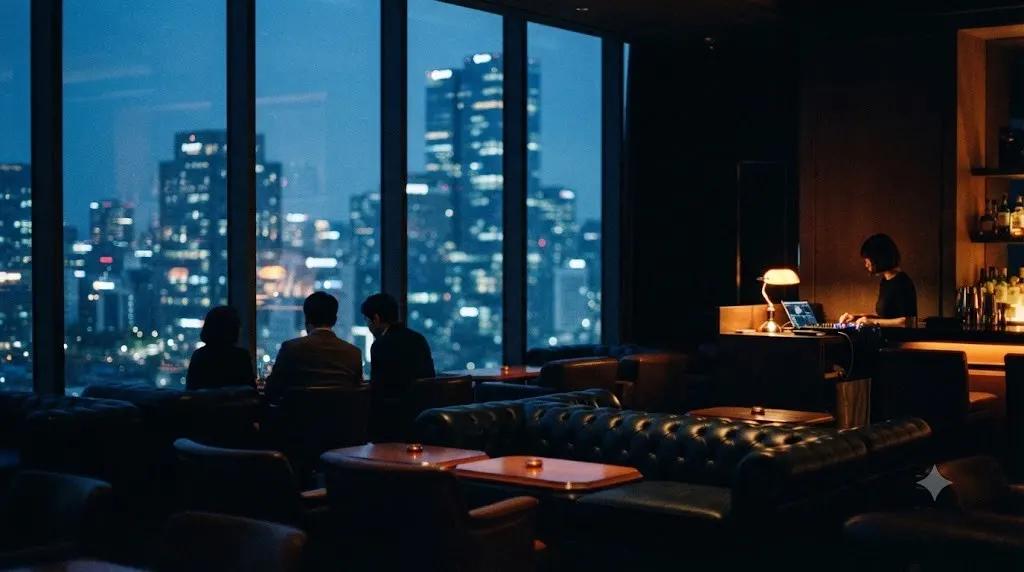 A hotel lounge bar in Seoul at dusk with a DJ playing softly at a small booth near the bar
