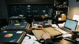 Hands packing a vinyl mailer on a cluttered desk at a small Seoul record label