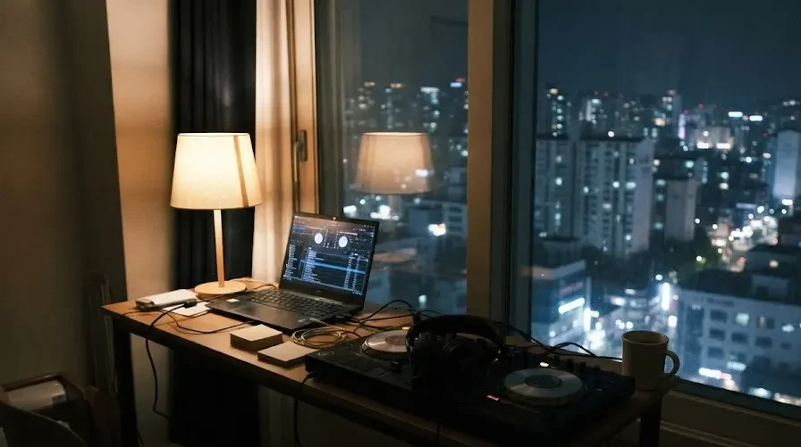 A beginner controller and laptop on a desk by an apartment window in Seoul at night