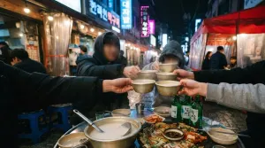 Students toasting with makgeolli bowls in a Seoul university alley at night
