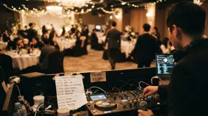 Over the shoulder of a DJ holding a microphone in the booth at a Seoul wedding hall