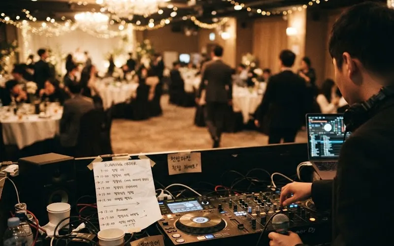 Over the shoulder of a DJ holding a microphone in the booth at a Seoul wedding hall