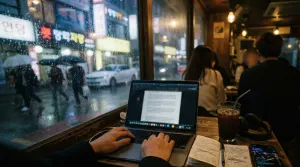 Writing a DJ bio on a laptop at a rainy Seoul cafe window at night