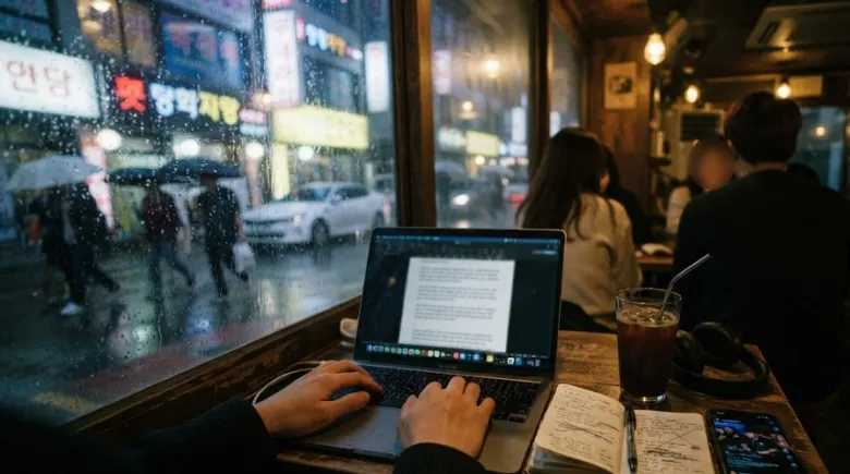 Writing a DJ bio on a laptop at a rainy Seoul cafe window at night