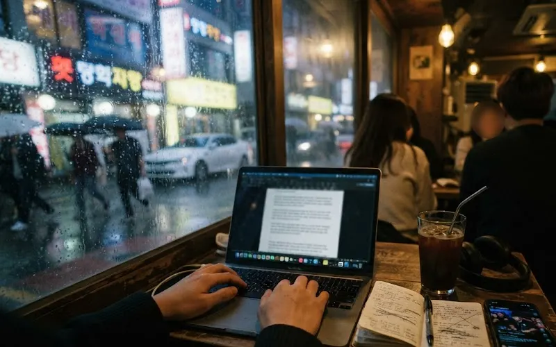 Writing a DJ bio on a laptop at a rainy Seoul cafe window at night