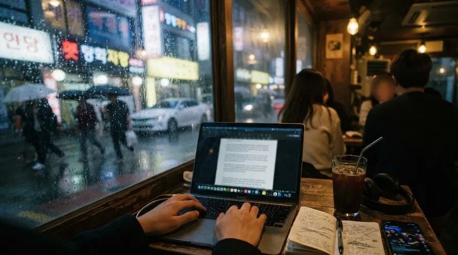 Writing a DJ bio on a laptop at a rainy Seoul cafe window at night