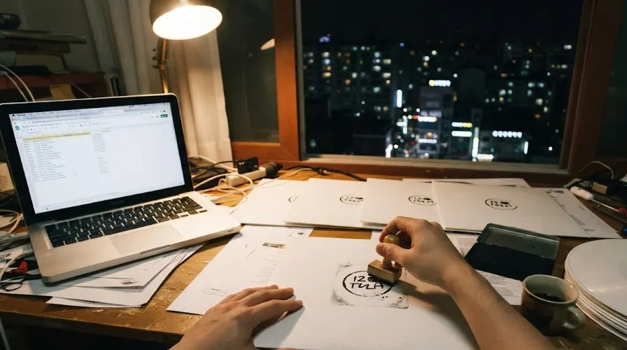 Hand-stamping a label logo onto white record sleeves at a desk in a Seoul apartment at night