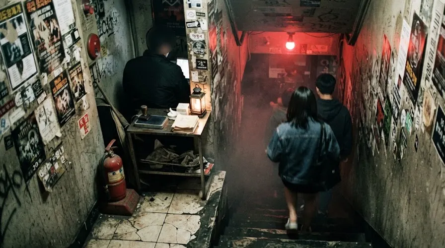 A narrow stairwell covered in stickers leading down to a basement club in Itaewon