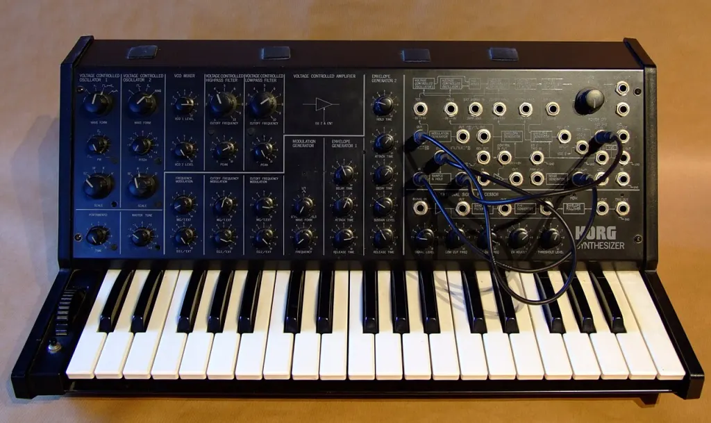 A Korg MS-20 synthesizer with its patch panel