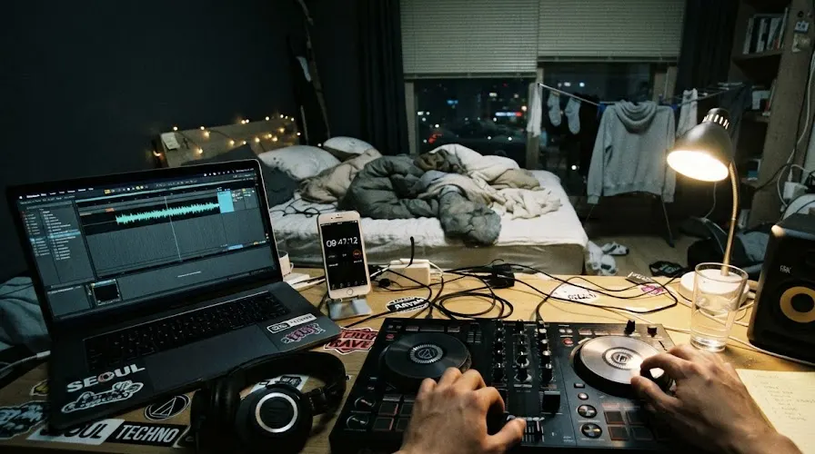 Recording a demo mix on a DJ controller in a small Seoul one-room apartment at night