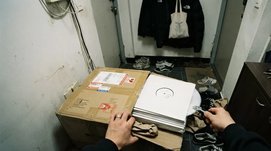 Opening a box of freshly pressed records in the entryway of a Seoul apartment