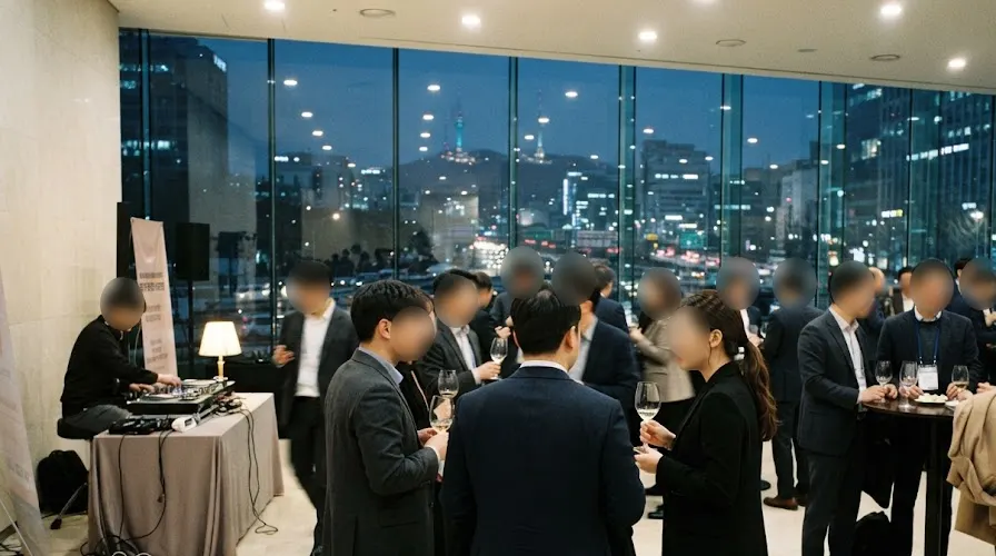 A DJ playing quietly in the corner of a Seoul conference networking reception at dusk