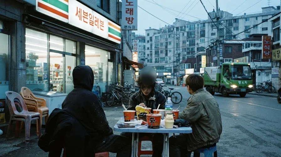 Clubbers eating ramyeon outside a Seoul convenience store at dawn