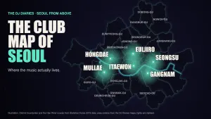 Illustrated night map of Seoul from above showing where the clubs are: Hongdae, Itaewon, Gangnam, Seongsu, Euljiro and Mullae