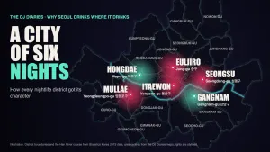 Illustrated night map of Seoul from above showing how its nightlife districts cluster along the Han River