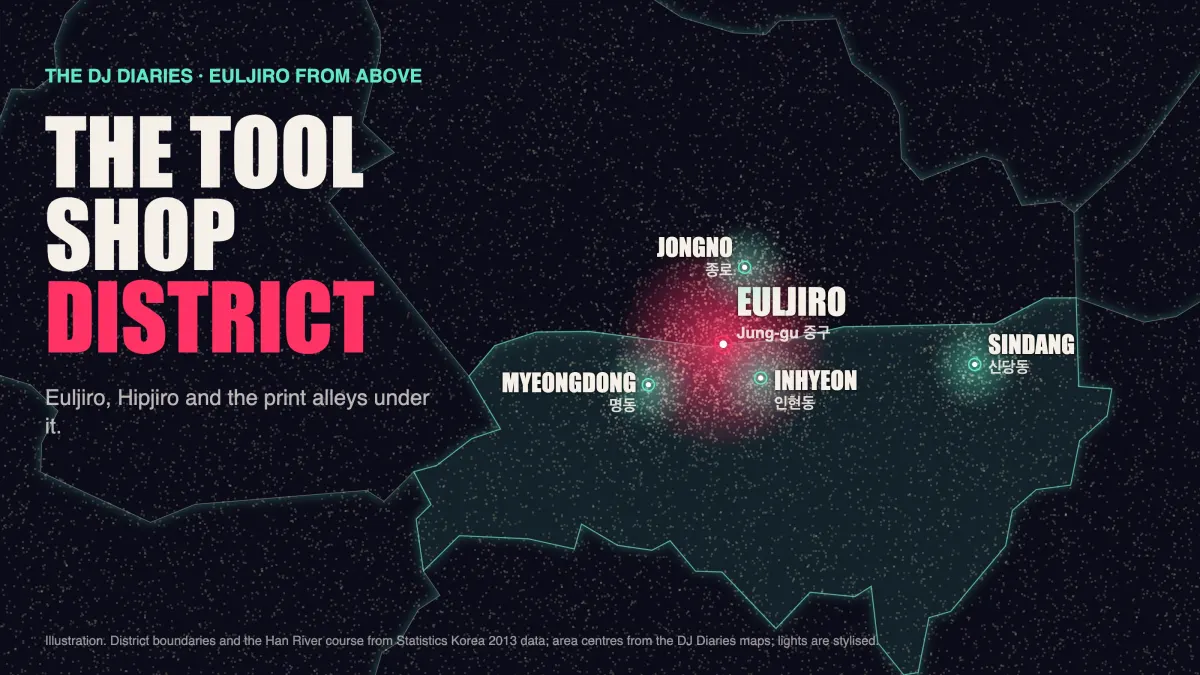Illustrated night map of Euljiro from above, with Euljiro 3-ga, Inhyeon, Sindang, Jongno and Myeongdong glowing