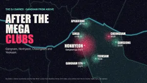 Illustrated night map of Gangnam-gu from above, with Nonhyeon, Cheongdam, Apgujeong, Sinsa and Yeoksam glowing