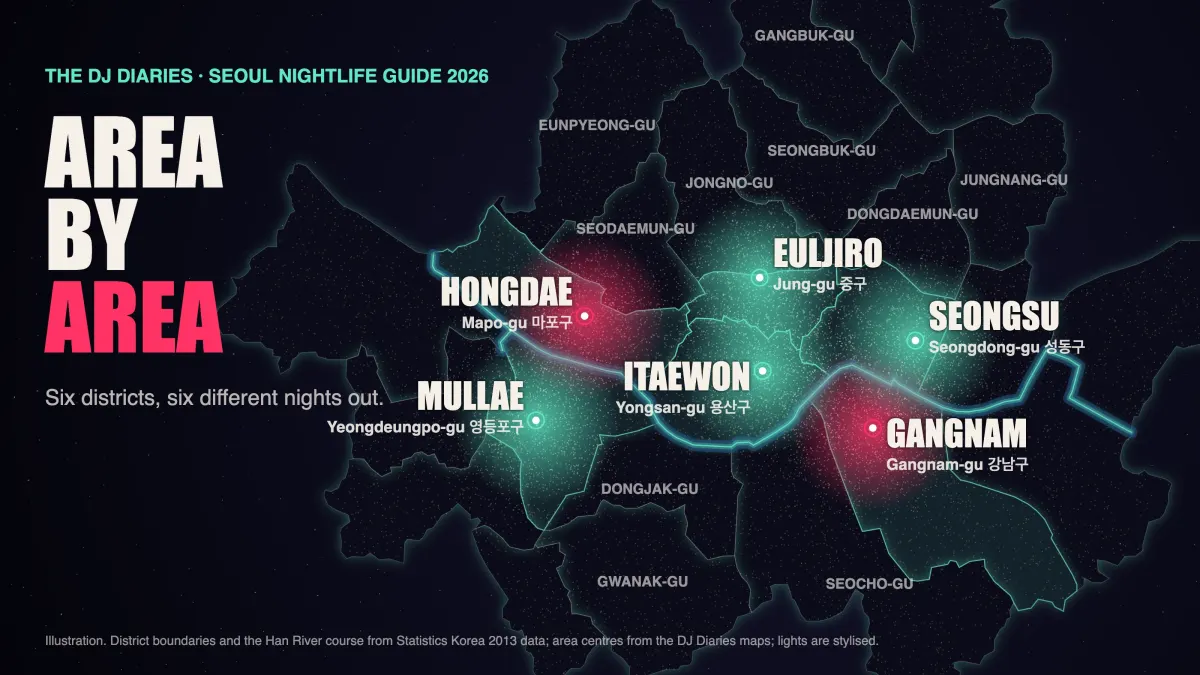 Illustrated night map of Seoul from above with six nightlife areas highlighted: Hongdae, Itaewon, Gangnam, Seongsu, Euljiro and Mullae