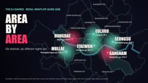 Illustrated night map of Seoul from above with six nightlife areas highlighted: Hongdae, Itaewon, Gangnam, Seongsu, Euljiro and Mullae