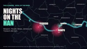 Illustrated night map of Seoul from above with the Han River glowing and riverside parks at Mangwon, Yeouido, Banpo, Jamwon and Ttukseom