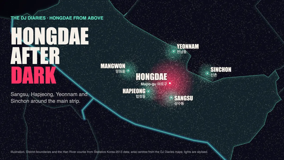 Illustrated night map of Hongdae and Mapo-gu from above, with Sangsu, Hapjeong, Yeonnam, Seogyo and Sinchon glowing